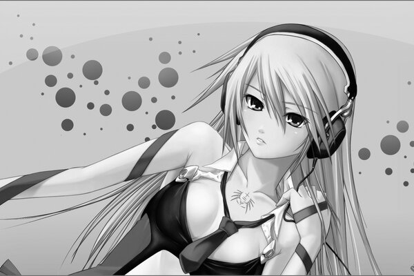 Black and white drawing of a girl in anime headphones