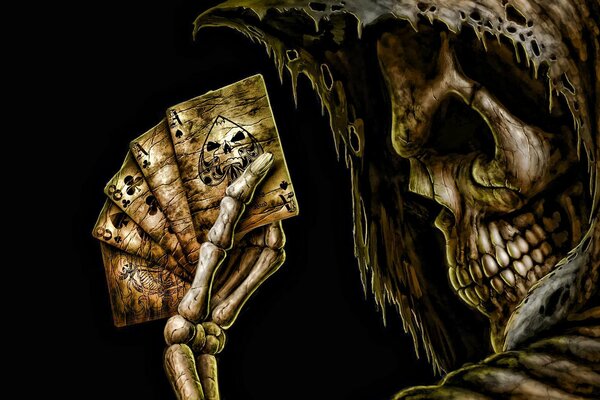 Skull on a black background with cards in hand