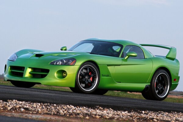 A green sports car stands in nature