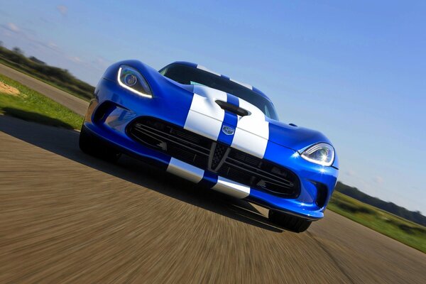 Blue racing car with white stripes