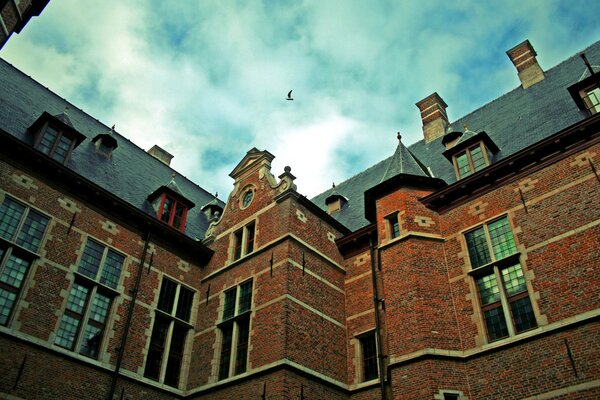 Photo du bâtiment et du ciel avec un oiseau