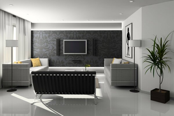 Interior of a room with a sofa in black and white