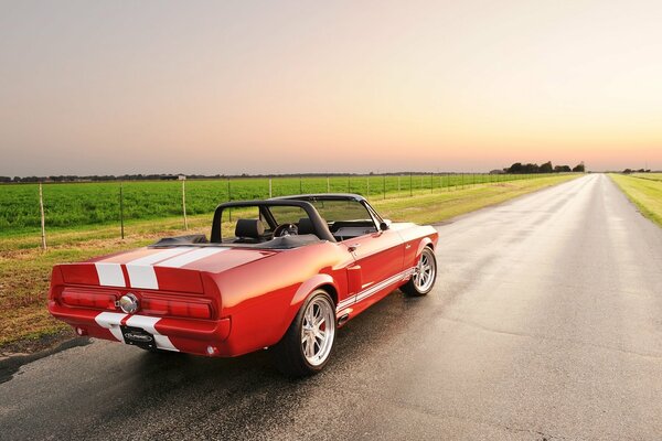 Red Ford Mustang with stripes on the background of the sky and the road with a field