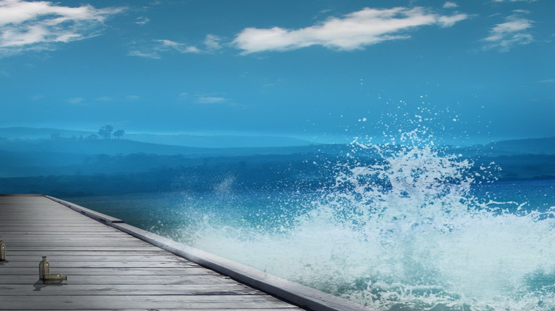 water splashes wooden jetty twilight water the sky