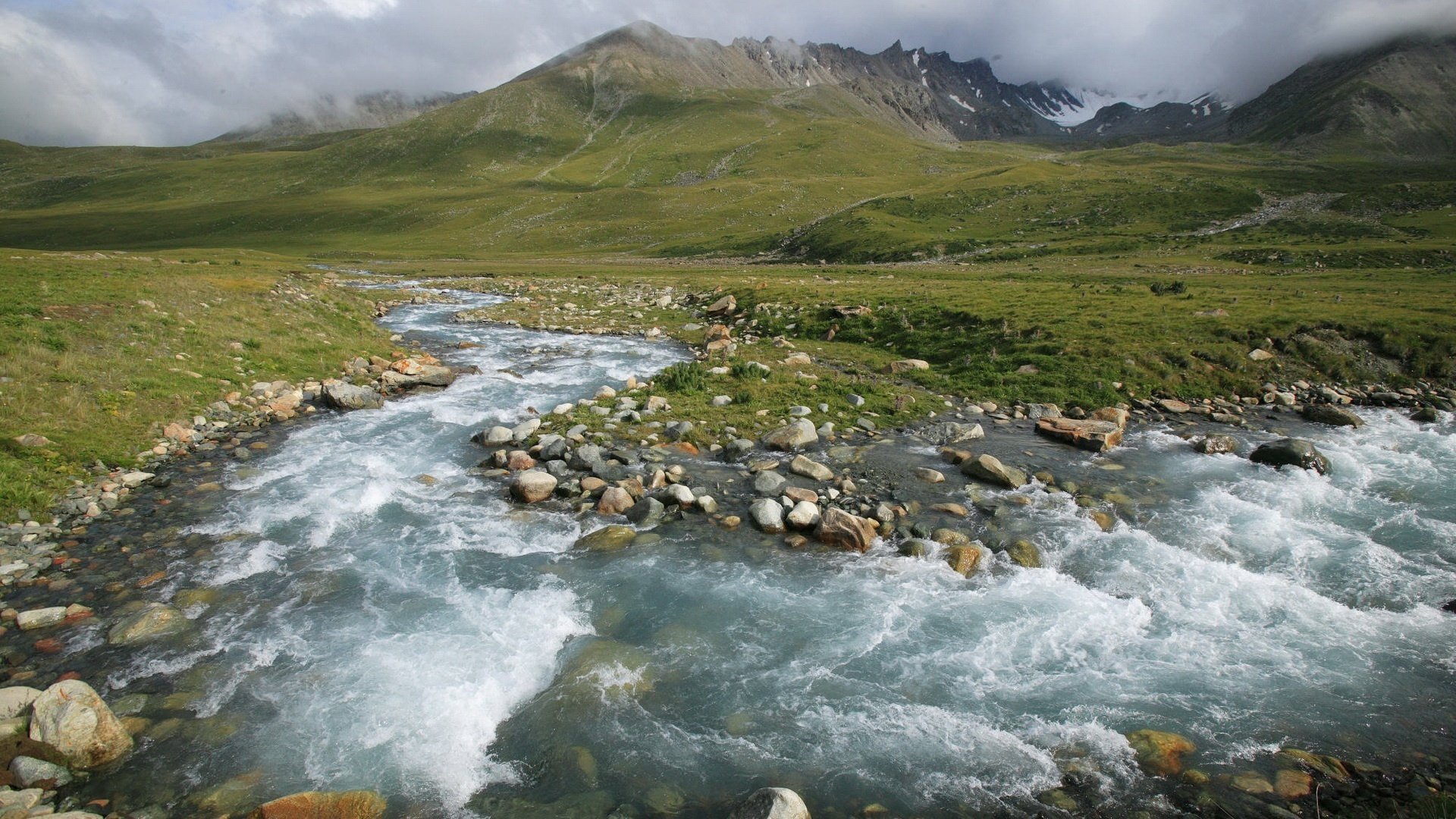 wassergeschwindigkeit grüne wiesen bergbach berge bach wiese nebel landschaft natur fluss strömung tal grün