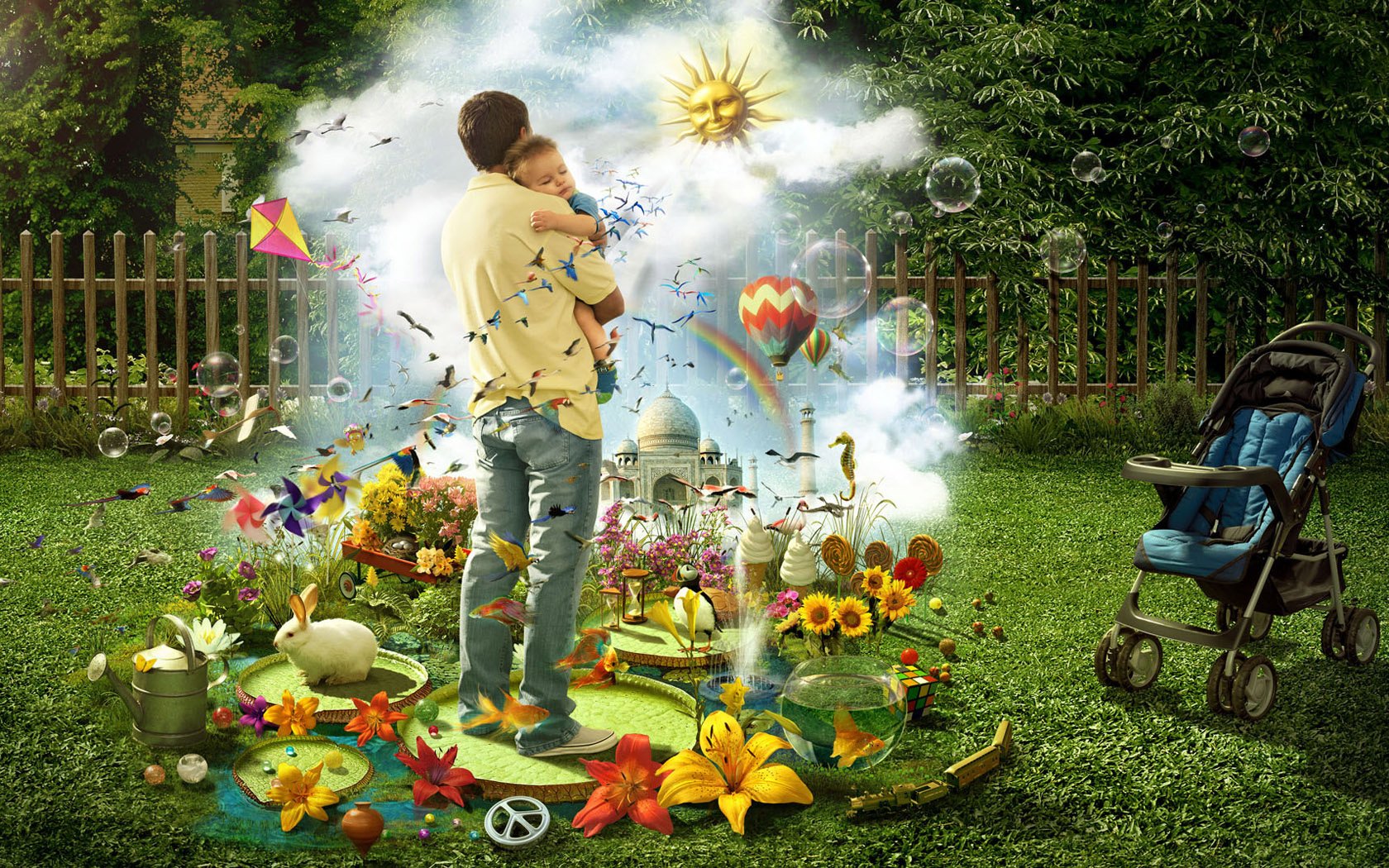 dream baby paradise for child stroller flowers kite the island of happiness dad childhood greens fence the fence oasis the sun balloons rabbit toys ice cream aquarium bubbles tale