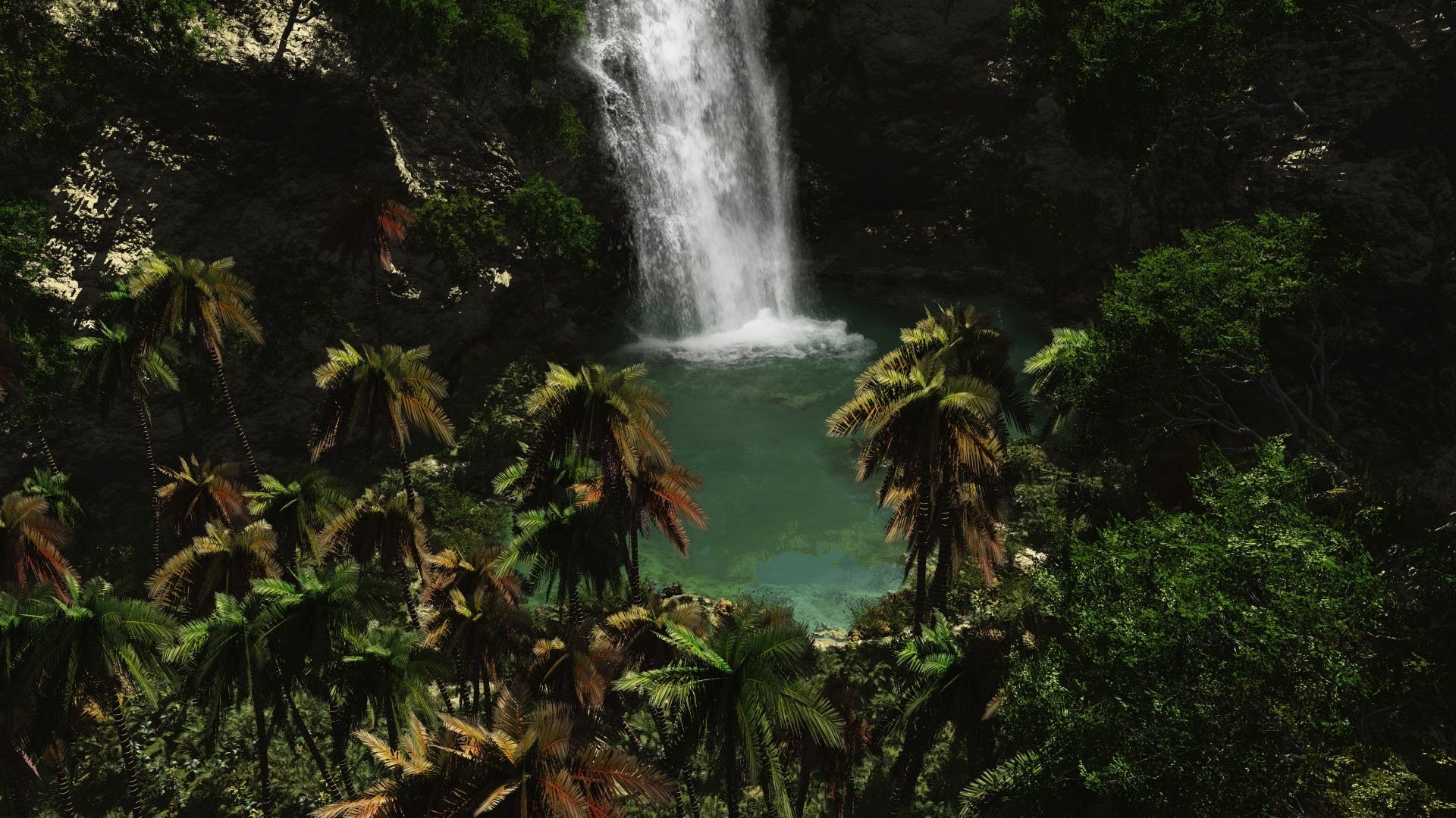 mountain stream water height tropical plants waterfall water palm trees thickets nature greens tropics landscape wildlife