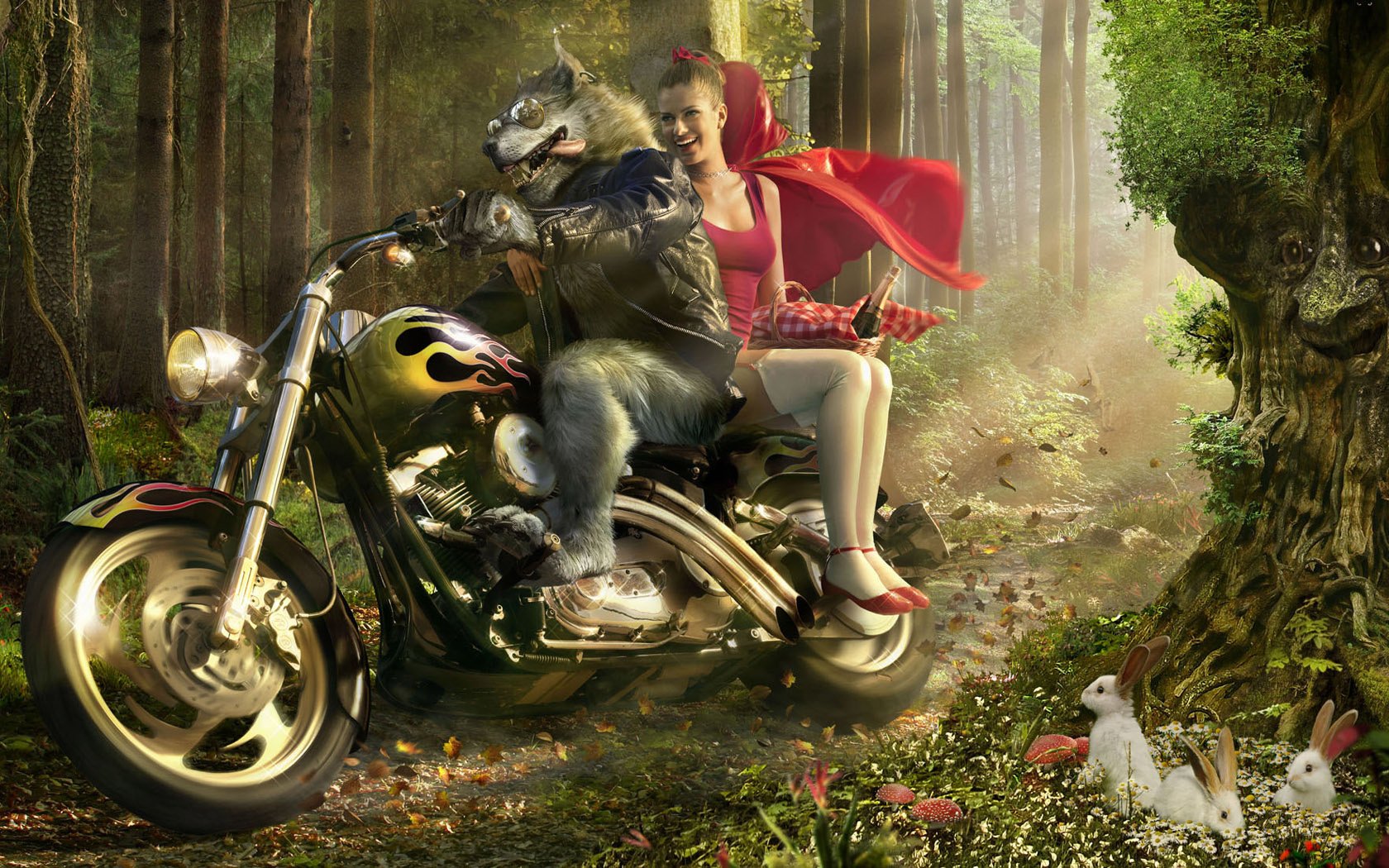 forêt dense loup moto vitesse petit chaperon rouge manteau moto lièvres créatif sourire contes forêt