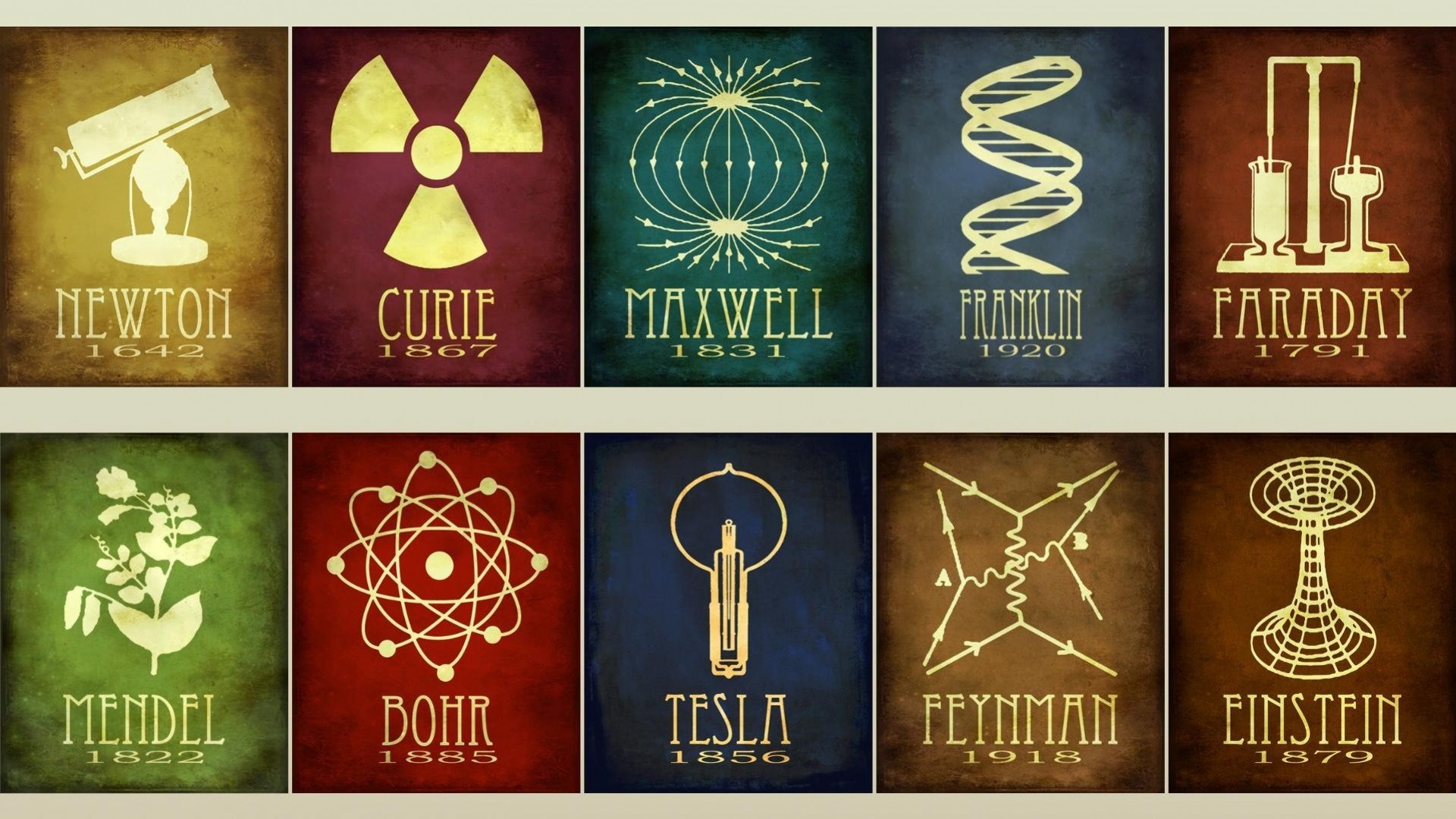 newton curie maxwell franklin faraday mendel bor tesla feynman einstein