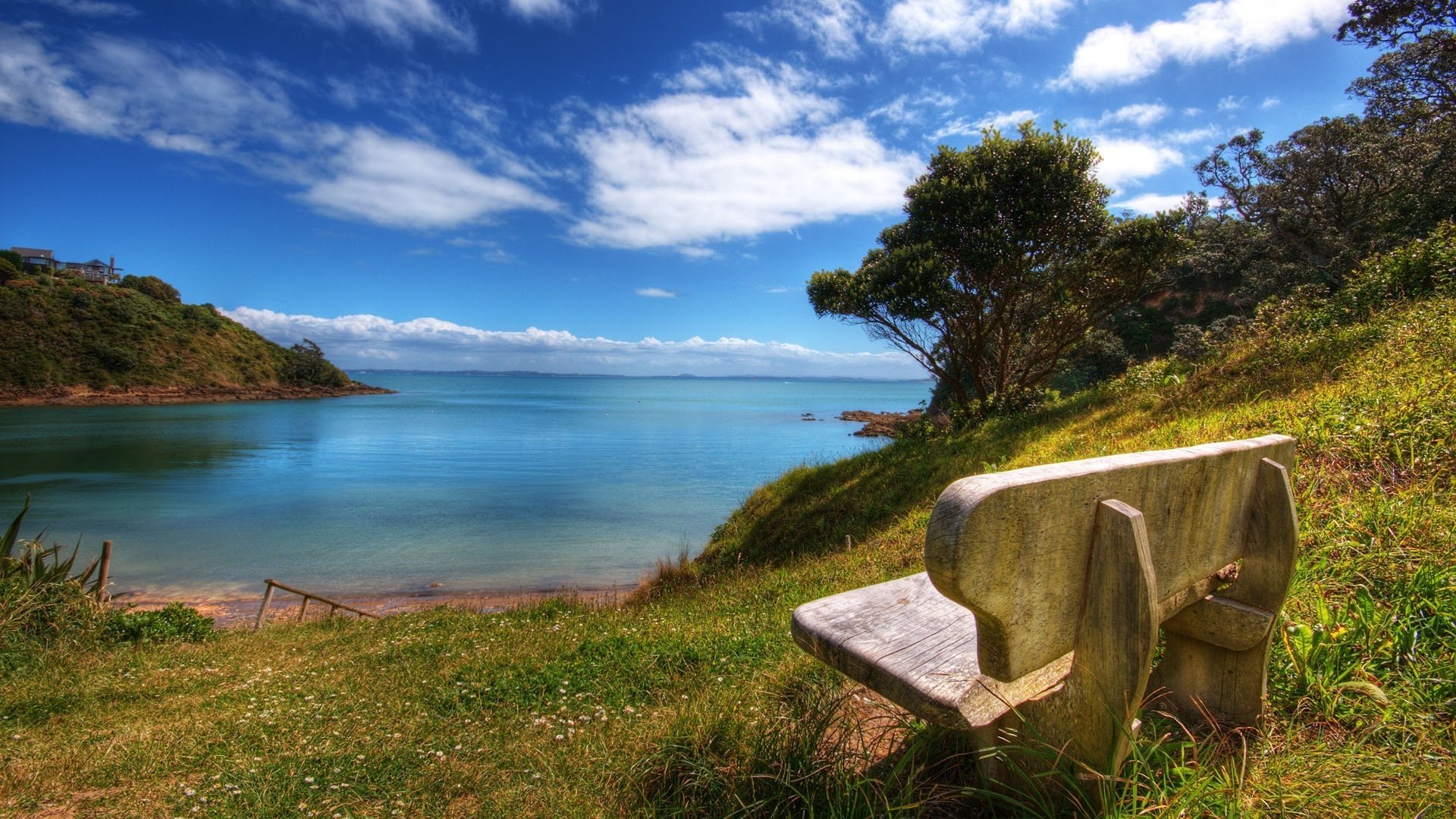 banc en bois endroit préféré vodichka eau ciel été nature côte nuages eau bleue verdure buissons arbres végétation banc jour