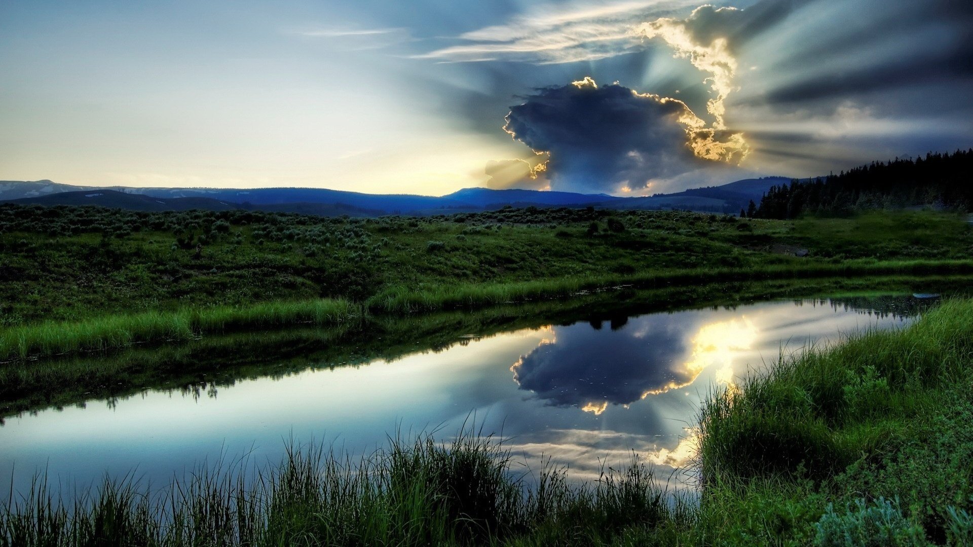 distese verdi piccolo lago nuvola fiume verde cielo acqua raggi