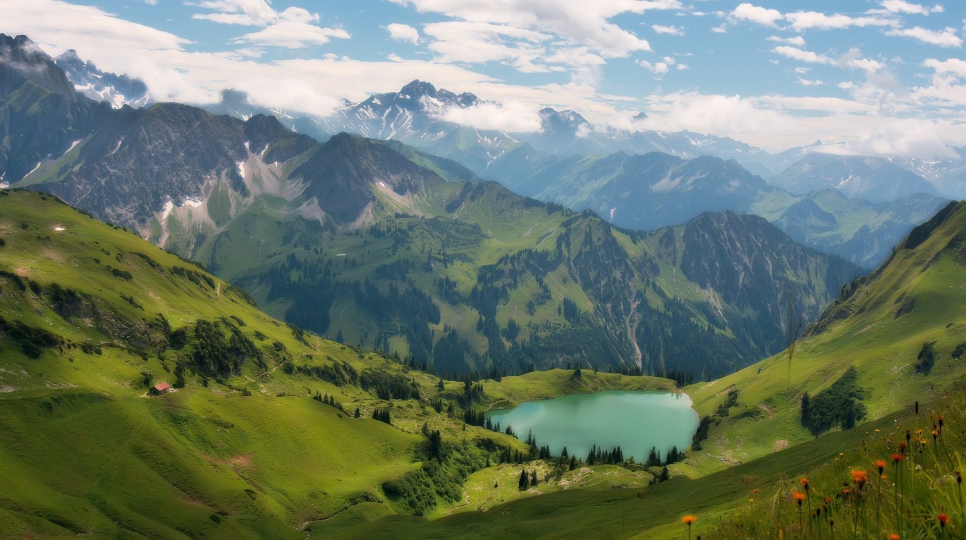 altai krai hidden lake the tops of the mountains cold water mountains lake the sky clouds hills greens grass trees view landscape nature fog lowland water