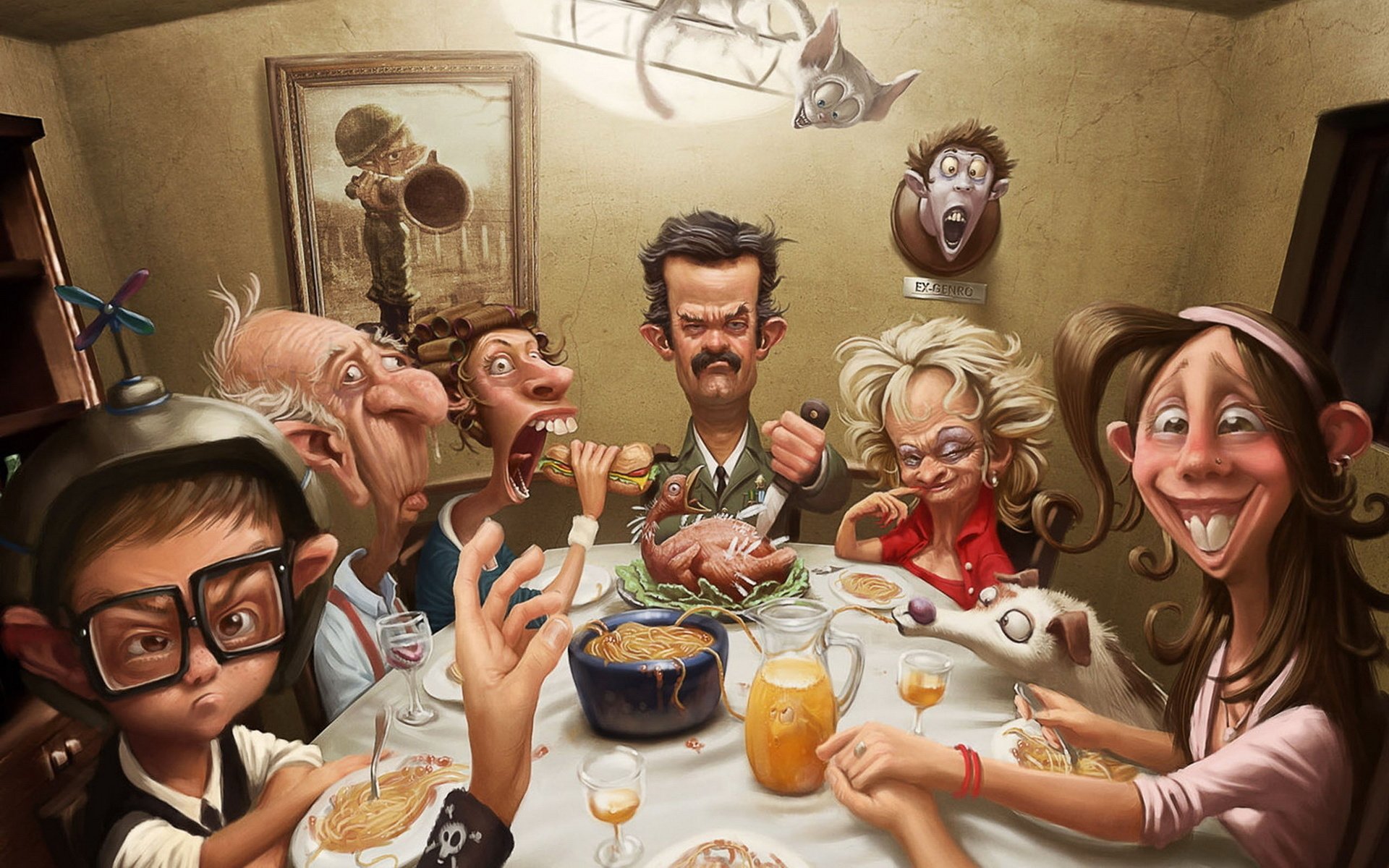 the family at the table awesome face stalkanat food hot dog dinner caricature collage laughter picture figure feast knife teeth grin drawings anime