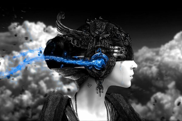 Fille sur fond de ciel dans un casque. Couleur bleue sur gris