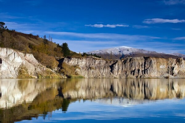 A mirror image of the landscape on the surface of the river