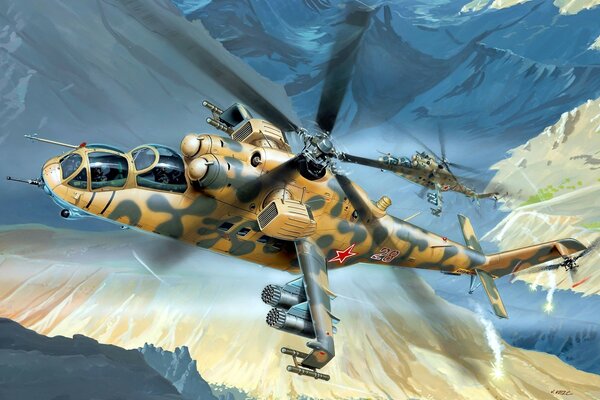 Рисунок военного вертолёта над горами