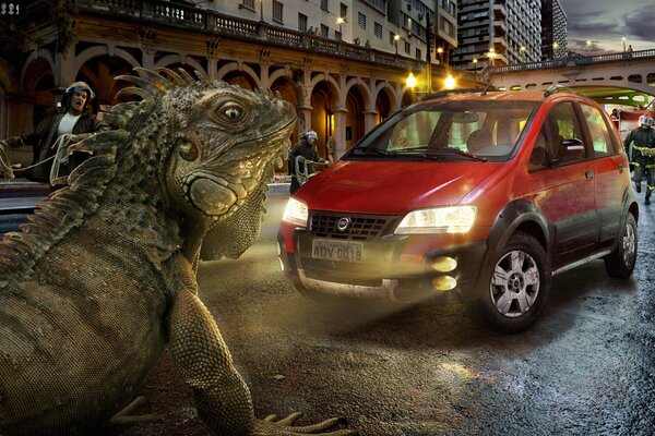 A red Fiat and a huge lizard