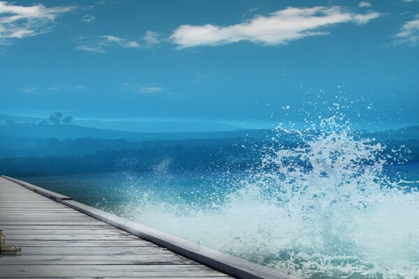 Muelle de madera agua cielo crepúsculo salpicaduras de agua