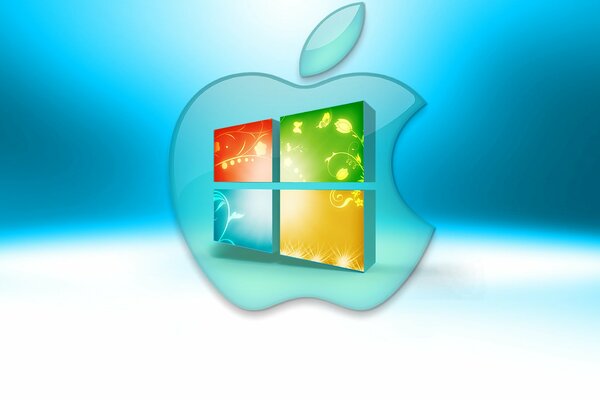 Логотип компании Microsoft внутри логотипа компании Apple на синем и белом фоне
