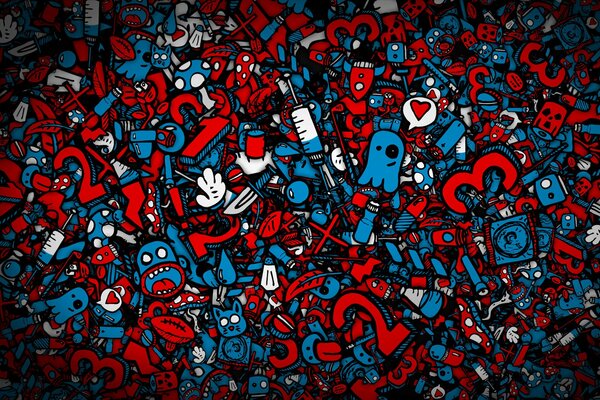 Rot-blauer Hintergrund aus verschiedenen Gegenständen, Buchstaben, Texturen