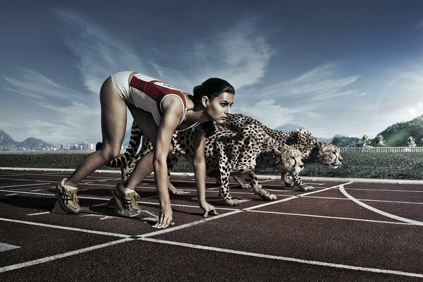 Fille en compétition dans la course avec des léopards