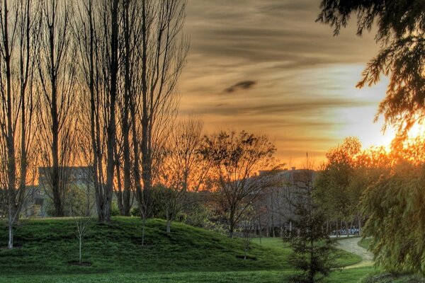 Maison au coucher du soleil avec des arbres desséchés