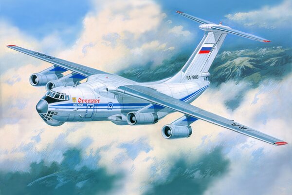 IL-76 flying in the sky above the clouds