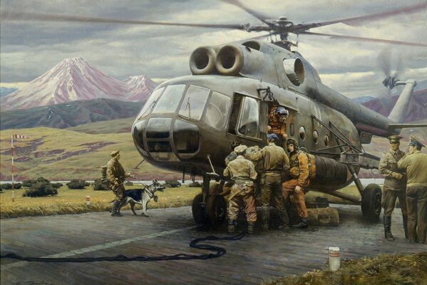 A picture of a military helicopter and military personnel