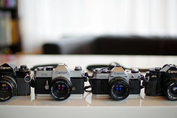 All cameras canon F- 1, canon tx, canon AE 1, canon A-1, on a blurry background