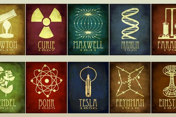 Cards of famous scientists Tesla, Feynman, Einstein