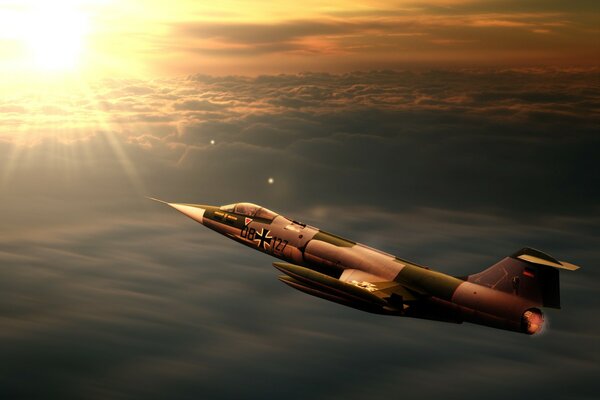 An interceptor fighter flies towards the sun