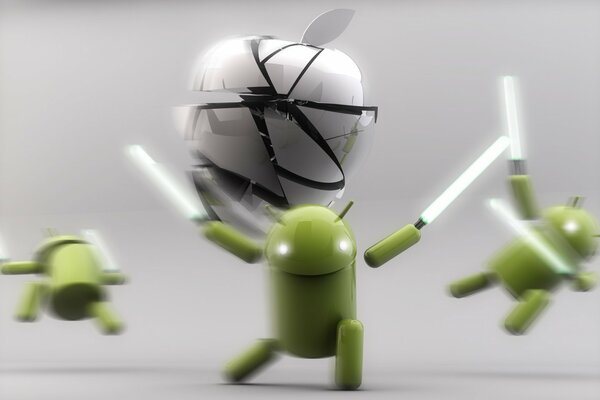 Símbolos verdes de Android con Sables de luz