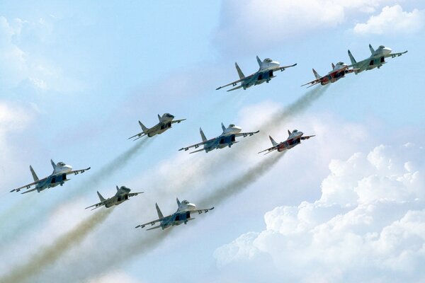 Group of aircraft Vityaz su27 flying formation