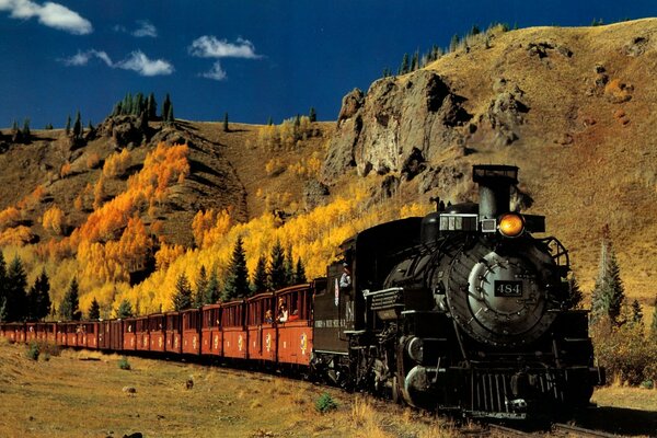 Treno retrò sullo sfondo della natura autunnale