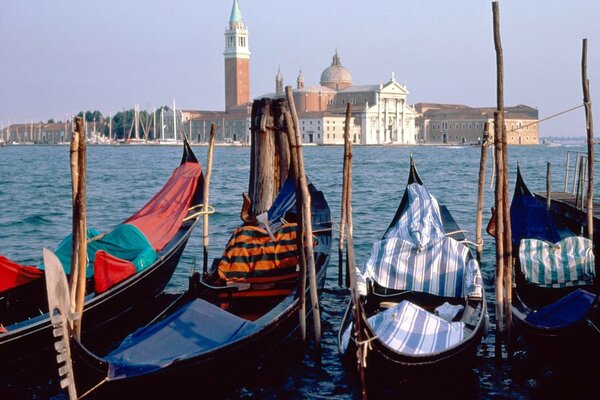 Gondolas on the water near the city