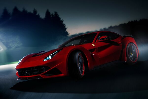 Red Ferrari f12 berlinetta car rides at dusk