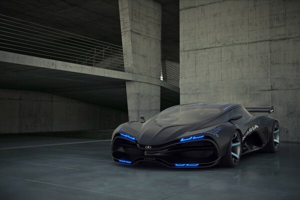 Black marussia car with blue headlights