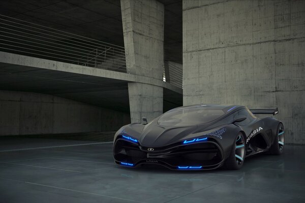 Czarny samochód marussia z niebieskimi reflektorami