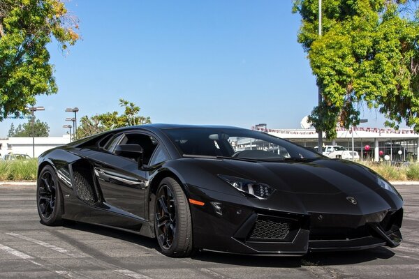 There is a beautiful, black car on the road