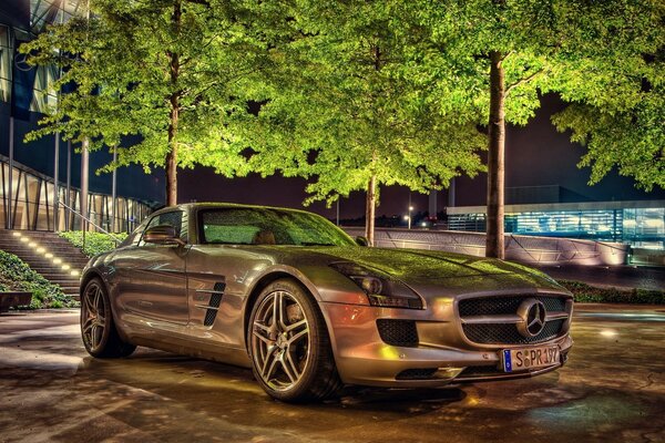 C è un auto sulla strada illuminata. E palme