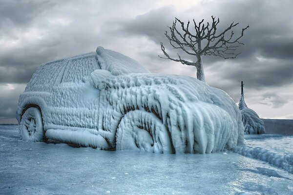 A lonely abandoned car in the parking lot