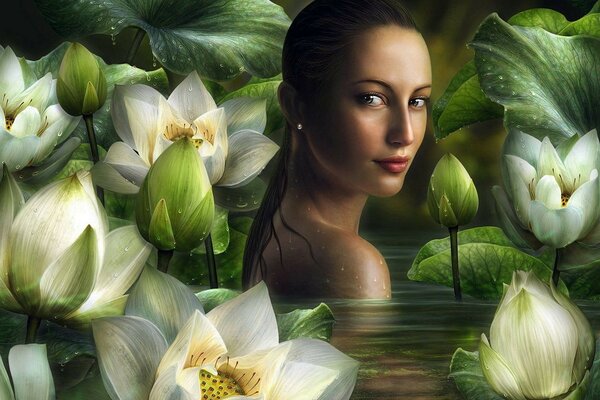 Beautiful girl bathing in a pond with lilies