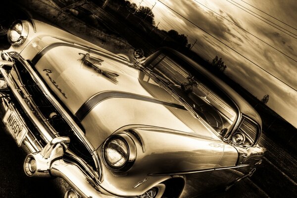 Retro car black and white photo, monochrome