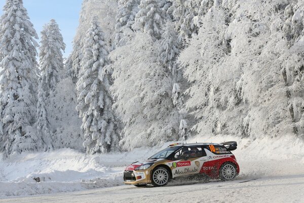 Hiver, forêt enneigée et Citroën ds3 sur la route