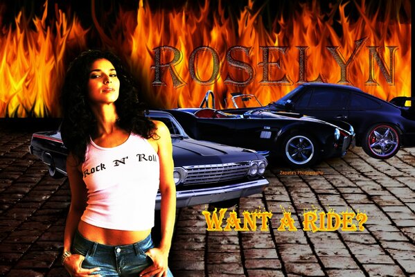 Sports cars with a girl on the background of fire