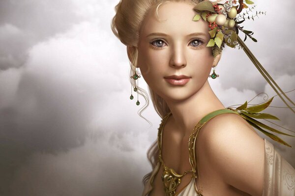 Portrait d une blonde avec une fleur dans les cheveux sur fond de nuages