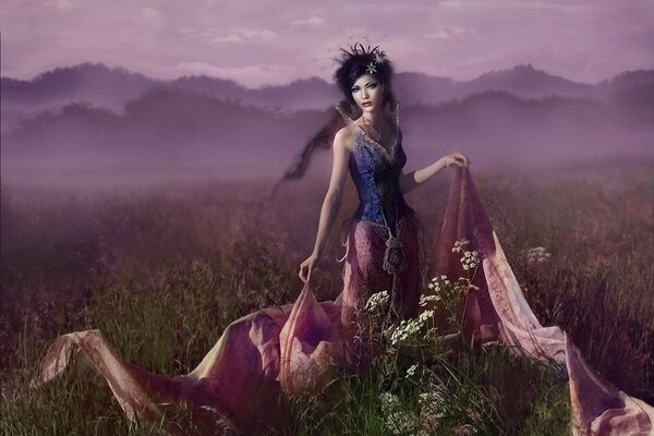 A girl in a dress on a field in the fog