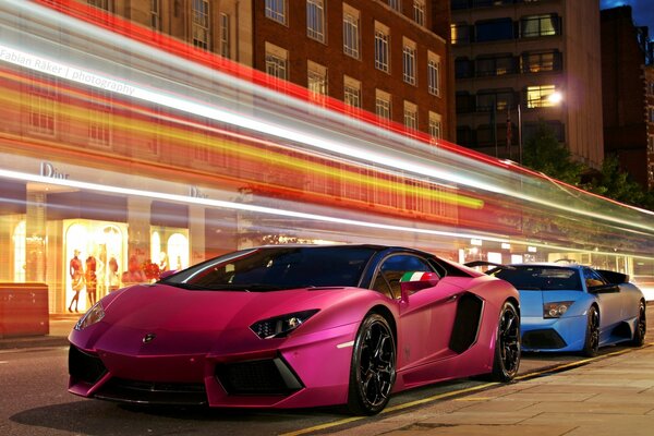 Two Lamborghini pink and blue