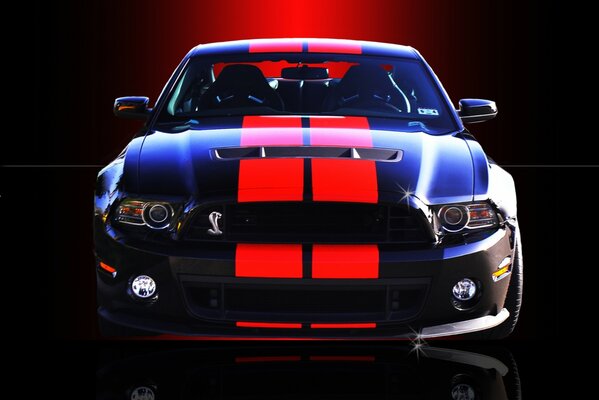 Blue mustang with red stripes on the body