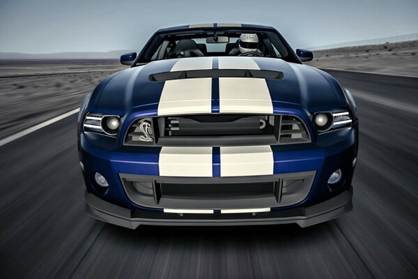 Blue car with white stripes